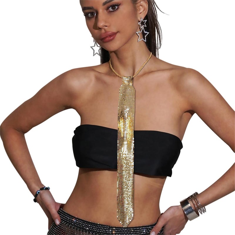 MioCloth Sparkling Metal Necktie, Women Sparkle Sequins Neck Chain Glitter Tie for Nightclub Punk Party Halloween Costume - Image 2